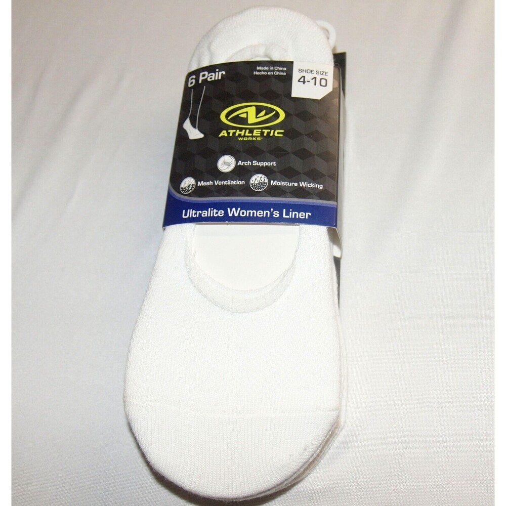 Athletic Works Women's 6 Pair Ultralite Sport Cut Liner Socks Size 4-10 White